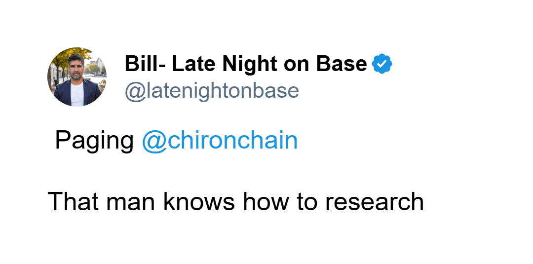 Tweet by @latenightonbase endorsing Chiron's research within the Base community