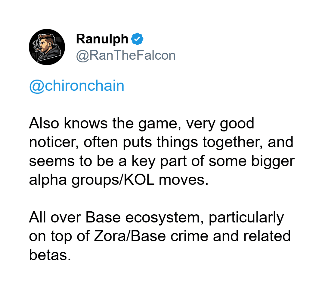 Tweet by @RanTheFalcon describing Chiron as a key noticer across the Base ecosystem