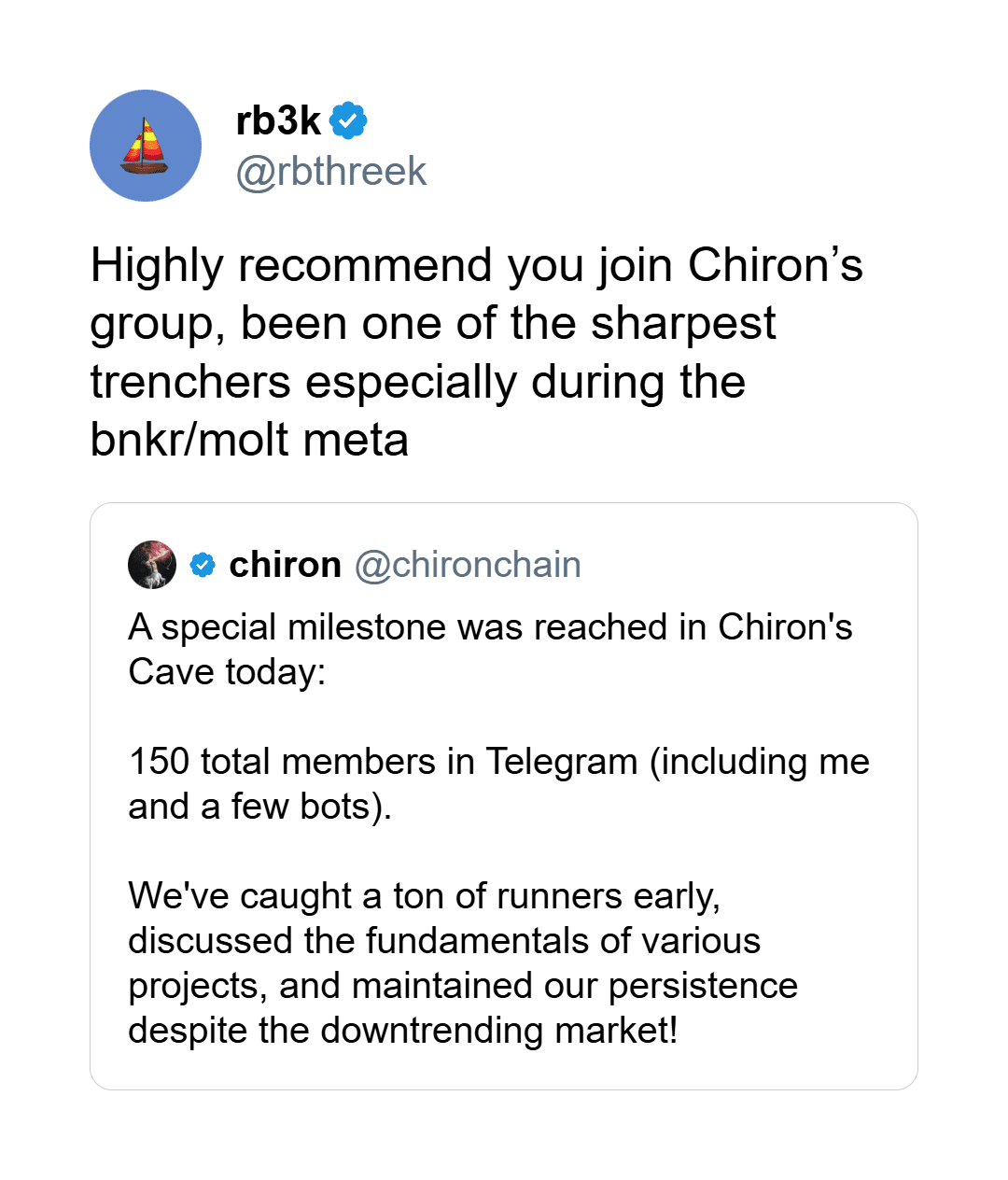 Tweet by @rbthreek recommending Chiron's group as one of the sharpest trenchers in the bnkr/molt meta